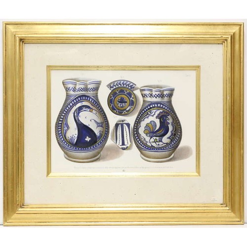 381 - ITALIAN CERAMICS HAND-COLOURED MEZZOTINTS, a set of eight, gilt framed and glazed, each 61cm x 71cm ... 