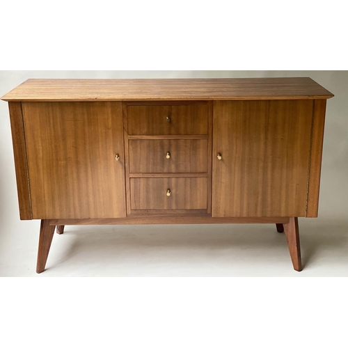 148 - MORRIS OF GLASGOW SIDEBOARD, 143cm x 48cm D x 85cm H, retro teak 'Cumbrae' with three drawers flanke... 