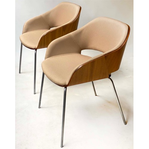 149 - HALO BONAIRE ARMCHAIRS AND TABLE, 75cm x 75cm x 40cm H. (3)