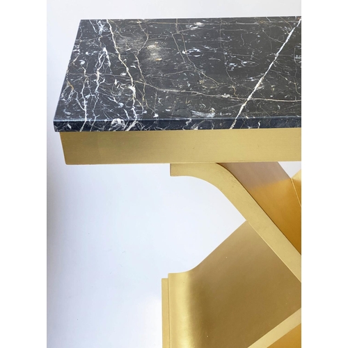 166 - CONSOLE TABLES, a pair, 88cm x 35cm D x 81cm H, bespoke gold leaf decorated X frames with black and ... 