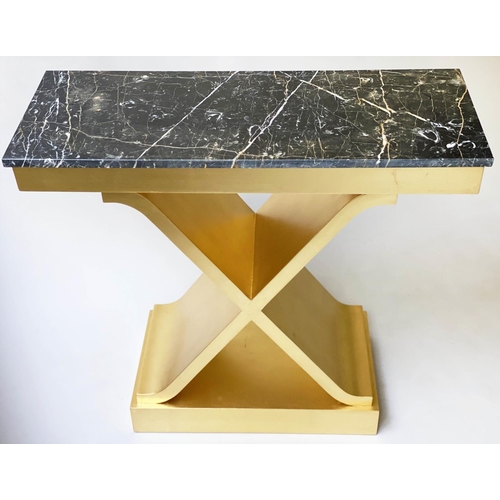 166 - CONSOLE TABLES, a pair, 88cm x 35cm D x 81cm H, bespoke gold leaf decorated X frames with black and ... 