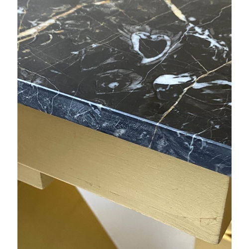 166 - CONSOLE TABLES, a pair, 88cm x 35cm D x 81cm H, bespoke gold leaf decorated X frames with black and ... 