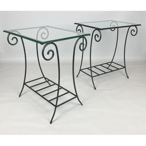 123 - LAMP TABLES, a pair, verdigris scrolled metal bases with glass tops, 57cm H x 49cm x 39cm. (2)