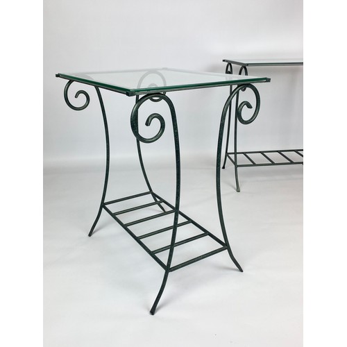 123 - LAMP TABLES, a pair, verdigris scrolled metal bases with glass tops, 57cm H x 49cm x 39cm. (2)