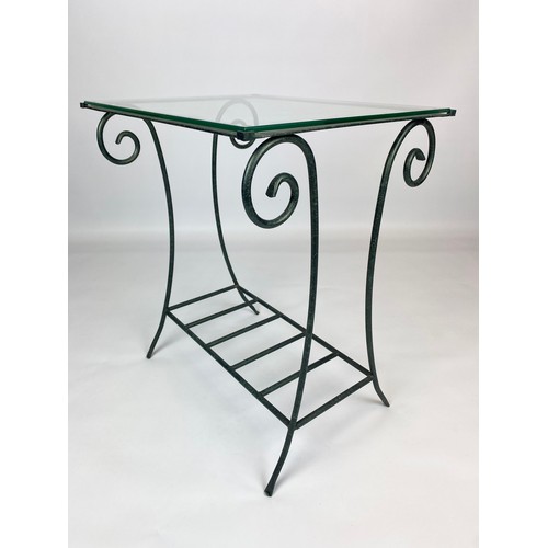 123 - LAMP TABLES, a pair, verdigris scrolled metal bases with glass tops, 57cm H x 49cm x 39cm. (2)