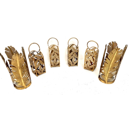 116 - TROPICAL LEAF DESIGN LANTERNS, set of six, 38cm H at the tallest point, gilt metal (6).