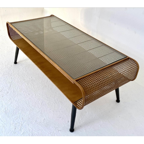 117 - LOW TABLE, 119cm x 50cm x 44cm, 1960's Danish style, faux rattan detail.