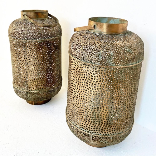 121 - LARGE CANDLE LANTERNS, a pair, 70cm H, contemporary gilt metal. (2)