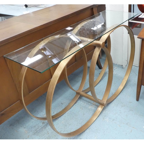 124 - CONSOLE TABLE, 130cm L x 82cm H with a rectangular glass top on a base with entwined circles.