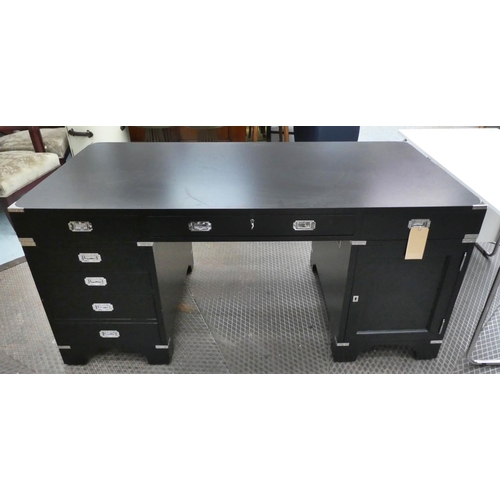 126 - CAMPAIGN STYLE PEDESTAL DESK, 170cm W x 79cm H x 82.5cm D ebonised with drawers below having chrome ... 