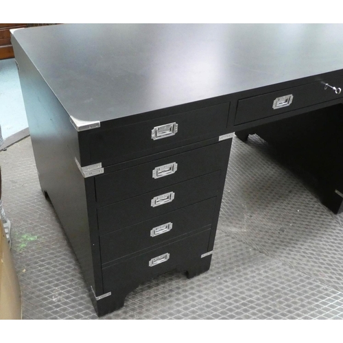 126 - CAMPAIGN STYLE PEDESTAL DESK, 170cm W x 79cm H x 82.5cm D ebonised with drawers below having chrome ... 