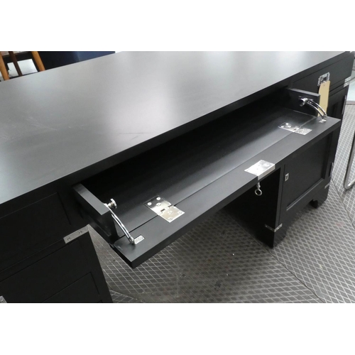 126 - CAMPAIGN STYLE PEDESTAL DESK, 170cm W x 79cm H x 82.5cm D ebonised with drawers below having chrome ... 