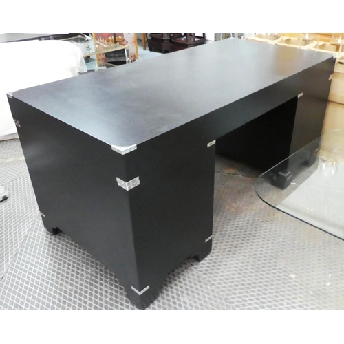 126 - CAMPAIGN STYLE PEDESTAL DESK, 170cm W x 79cm H x 82.5cm D ebonised with drawers below having chrome ... 