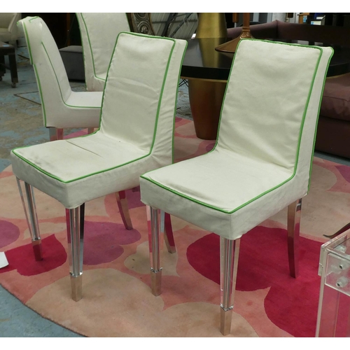 131 - DINING CHAIRS, a set of four, glass front legs, metal back legs, 92cm H. (4)