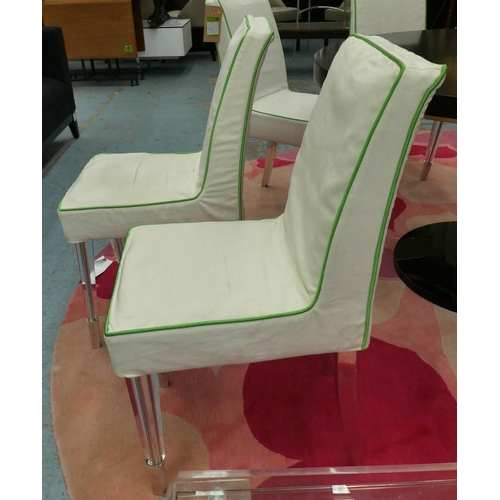 131 - DINING CHAIRS, a set of four, glass front legs, metal back legs, 92cm H. (4)