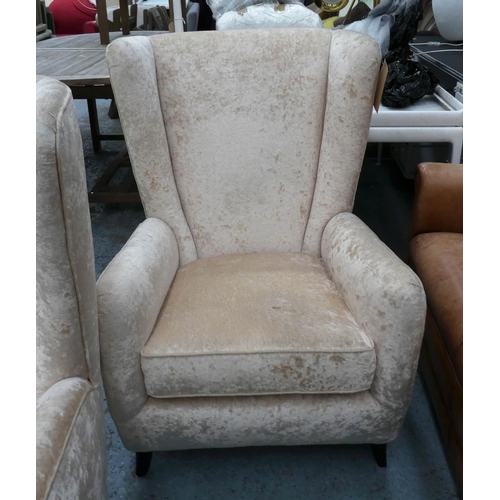 132 - ARMCHAIRS, a pair, 70cm W x 102cm H, in crushed champagne velvet. (2)