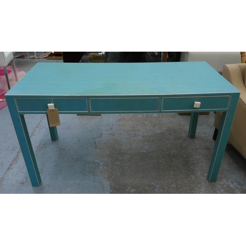 133 - WRITING DESK, 70cm D x 80cm H x 150cm W, turquoise, reputably bespoke from Thomas Goode.