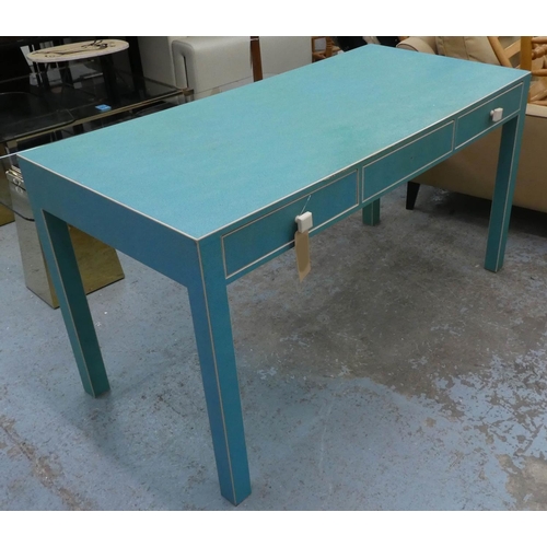 133 - WRITING DESK, 70cm D x 80cm H x 150cm W, turquoise, reputably bespoke from Thomas Goode.