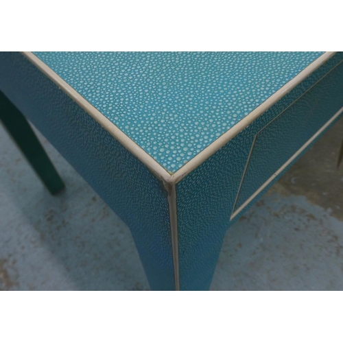 133 - WRITING DESK, 70cm D x 80cm H x 150cm W, turquoise, reputably bespoke from Thomas Goode.