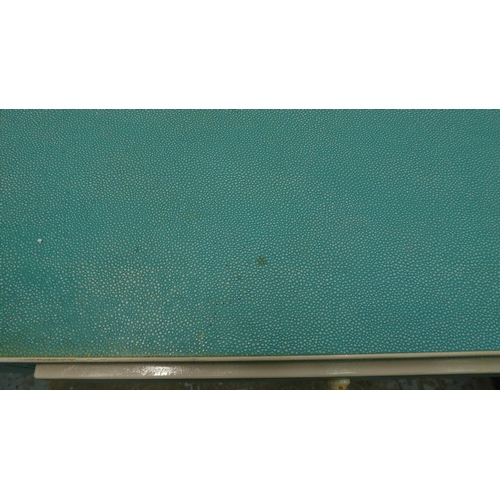 133 - WRITING DESK, 70cm D x 80cm H x 150cm W, turquoise, reputably bespoke from Thomas Goode.