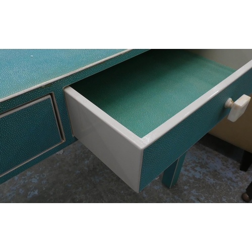 133 - WRITING DESK, 70cm D x 80cm H x 150cm W, turquoise, reputably bespoke from Thomas Goode.