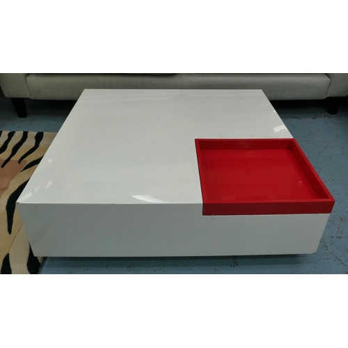 145 - LOW TABLE, 95cm W x 28cm H x 95cm D, with red tray.