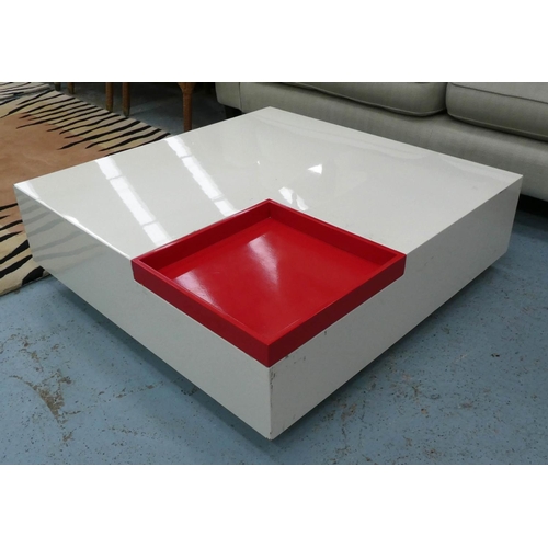 145 - LOW TABLE, 95cm W x 28cm H x 95cm D, with red tray.