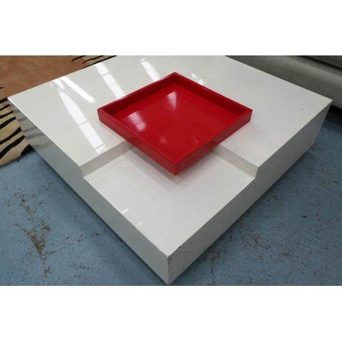 145 - LOW TABLE, 95cm W x 28cm H x 95cm D, with red tray.