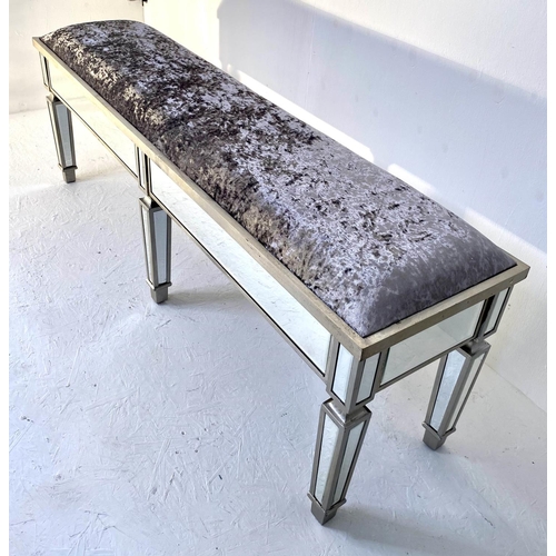 153 - HALL SEAT,  52cm x 150cm x 370cm, mirrored and silvered finish, with velvet seat.