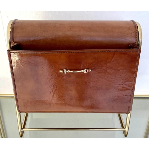 156 - MAGAZINE RACK, 38cm x 38cm x 20cm, 1950's French style, leather and gilt metal.