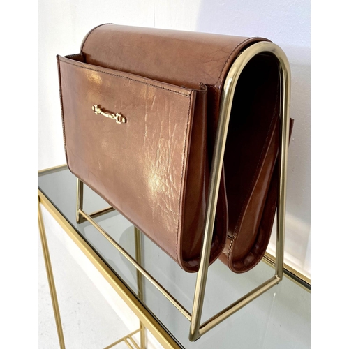 156 - MAGAZINE RACK, 38cm x 38cm x 20cm, 1950's French style, leather and gilt metal.