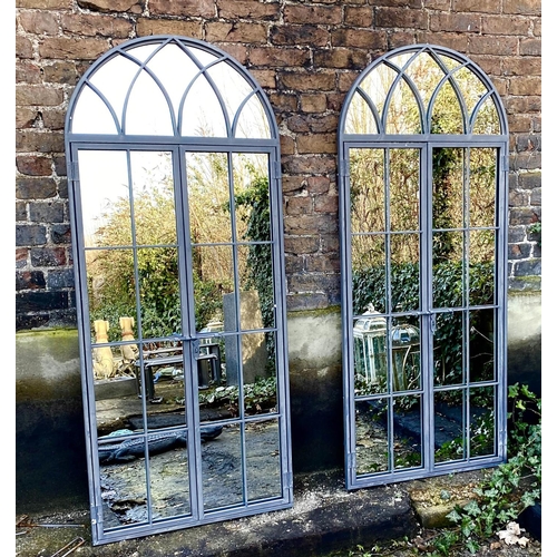 181 - ARCHITECTURAL GARDEN MIRRORS, a pair, 180 x 75cm, gated design (2).