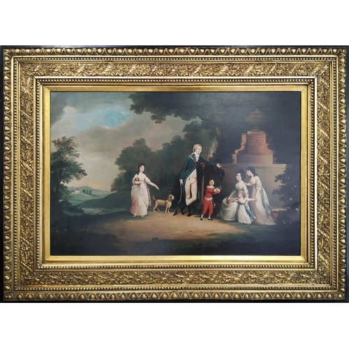 354 - After 19th CENTURY SCHOOL 'Portrait of a Family with Dog in a Landscape', lithograph on canvas, 50 x... 