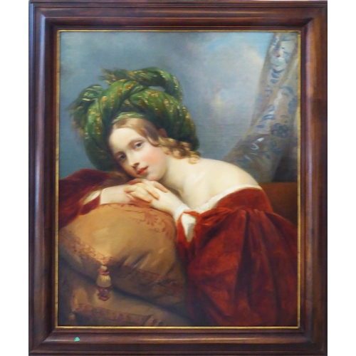 364 - MANNER of Sir THOMAS LAWRENCE 'Lady in Green Turban Resting on Cushions', oil on canvas, bearing a r... 