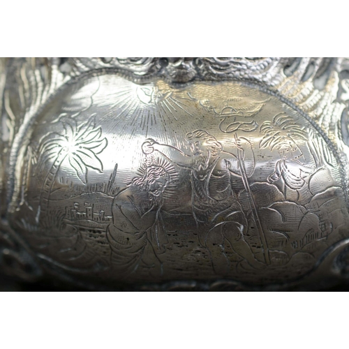 398 - SALVER, Portuguese silver porto mark, engraved foliate decoration, pierced border on three feet, mar... 