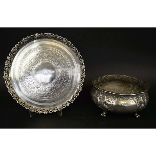 398 - SALVER, Portuguese silver porto mark, engraved foliate decoration, pierced border on three feet, mar... 