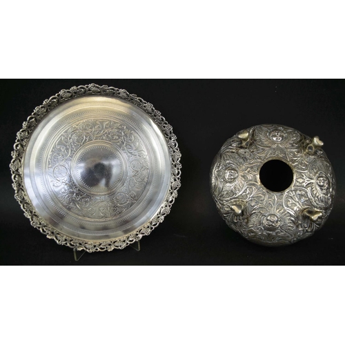 398 - SALVER, Portuguese silver porto mark, engraved foliate decoration, pierced border on three feet, mar... 