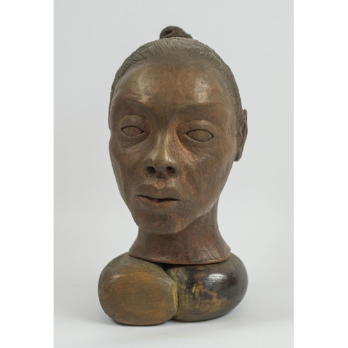 403 - CONTEMPORARY AFRICAN SCHOOL, Ife manner, Mali portrait of a young woman, terracotta on wooden base, ... 