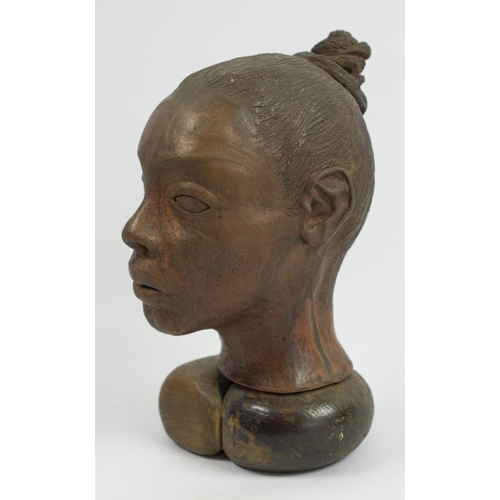 403 - CONTEMPORARY AFRICAN SCHOOL, Ife manner, Mali portrait of a young woman, terracotta on wooden base, ... 