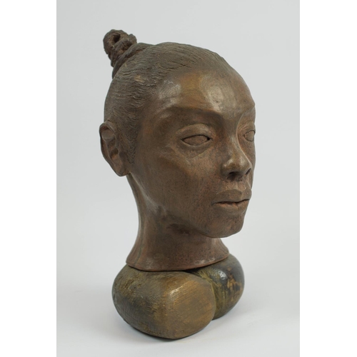 403 - CONTEMPORARY AFRICAN SCHOOL, Ife manner, Mali portrait of a young woman, terracotta on wooden base, ... 