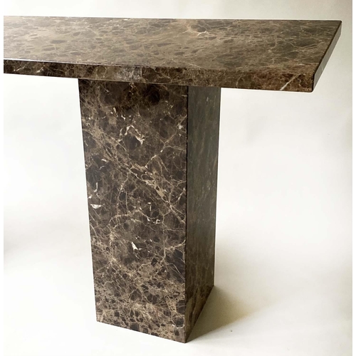 49 - HALL/CONSOLE TABLE, rectangular, variegated grey, brown and white marble platform raised upon trestl... 