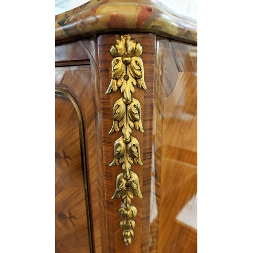 637 - COCKTAIL CABINET, 42cm D x 160cm H x 86cm W, early 20th century French kingwood, marquetry and gilt ... 