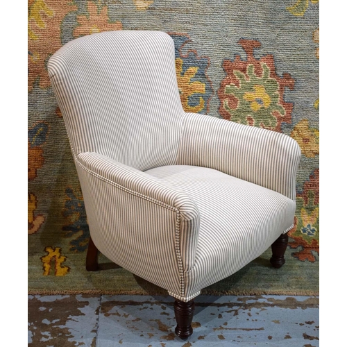 639 - ARMCHAIR, 77cm H x 62cm W, Victorian walnut in ticking upholstery.