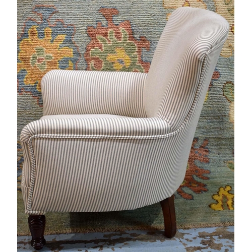 639 - ARMCHAIR, 77cm H x 62cm W, Victorian walnut in ticking upholstery.