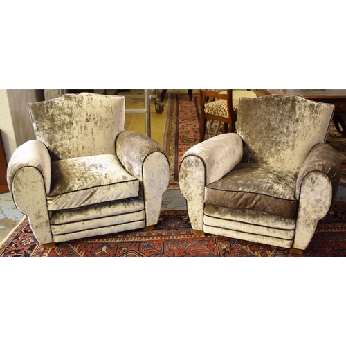 640 - ARMCHAIRS, 81cm H x 91cm W, a pair, Art Deco, re-upholstered in silver grey velvet, with seat cushio... 