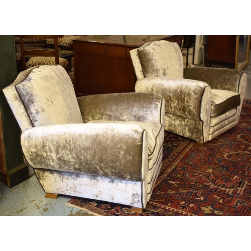 640 - ARMCHAIRS, 81cm H x 91cm W, a pair, Art Deco, re-upholstered in silver grey velvet, with seat cushio... 