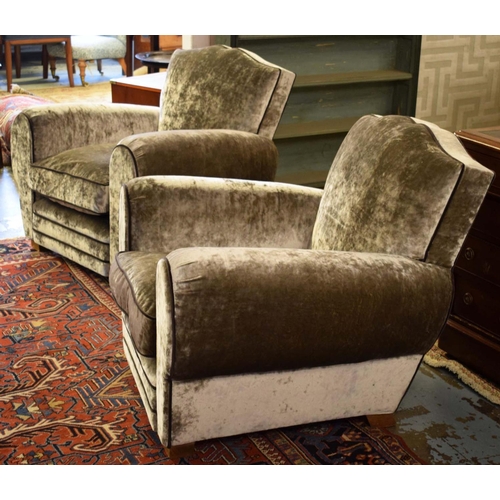 640 - ARMCHAIRS, 81cm H x 91cm W, a pair, Art Deco, re-upholstered in silver grey velvet, with seat cushio... 