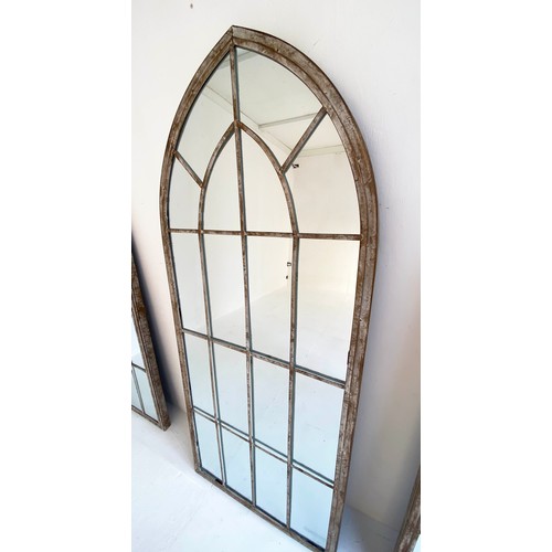 118 - ARCHITECTURAL GARDEN MIRRORS, a set of three, 150cm x 66.5cm, Gothic revival style, aged metal frame... 