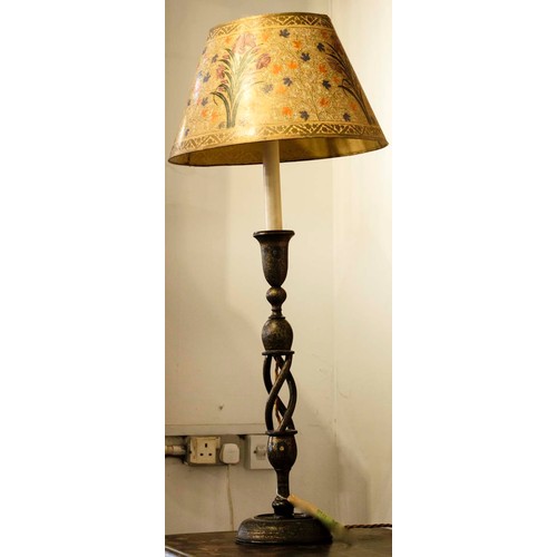 396 - TABLE LAMP, 88cm H, Kashmiri painted, turned candlestick form, with hand painted shade.