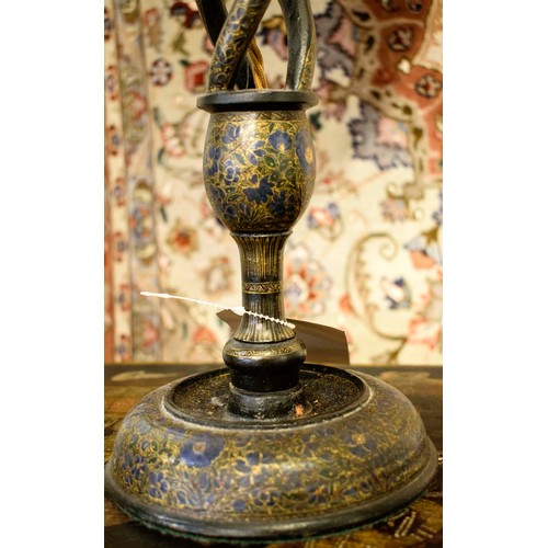 396 - TABLE LAMP, 88cm H, Kashmiri painted, turned candlestick form, with hand painted shade.